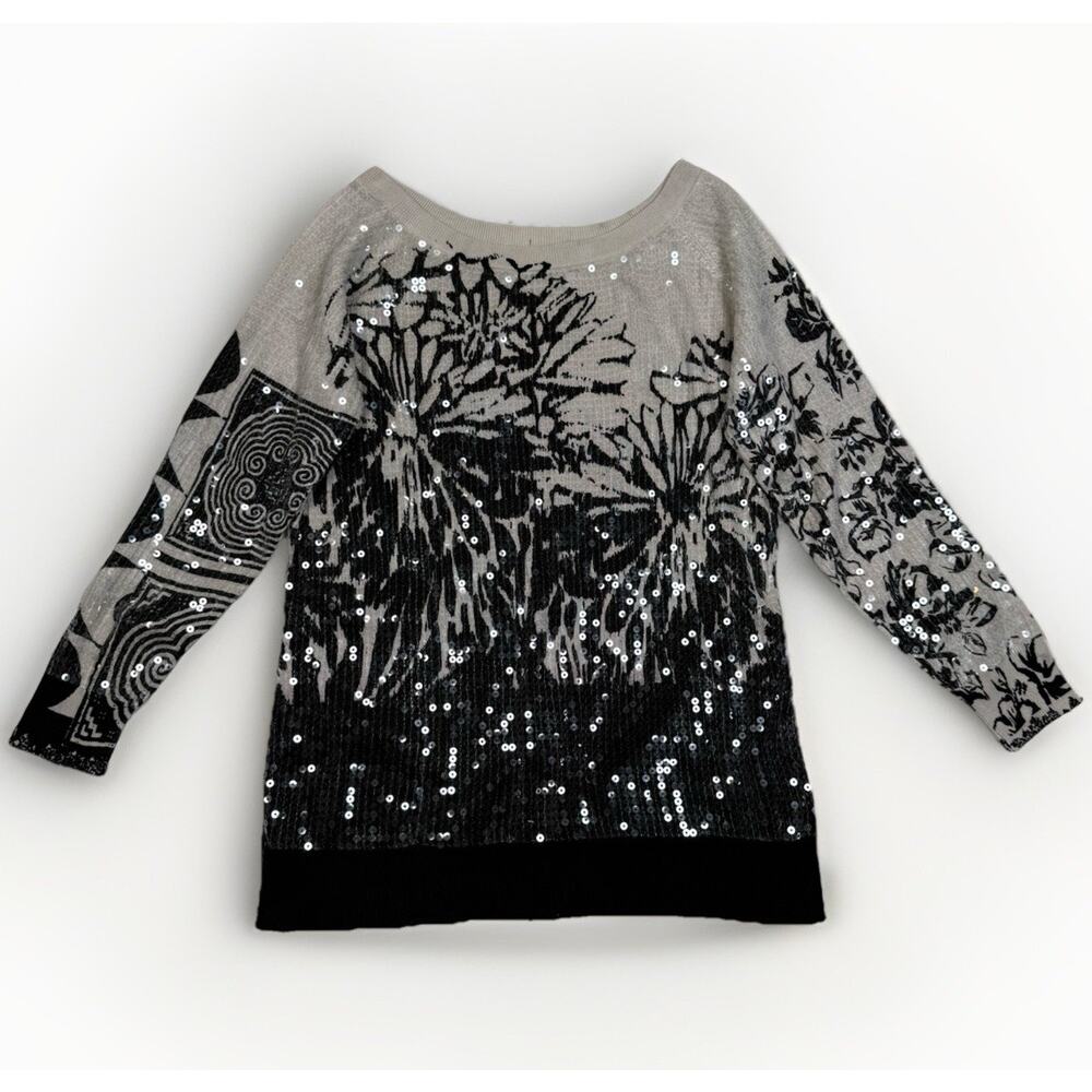 ETRO Milano Silk Sequin Top Blouse Women's Size 44 US Large Floral 3/4 Sleeve